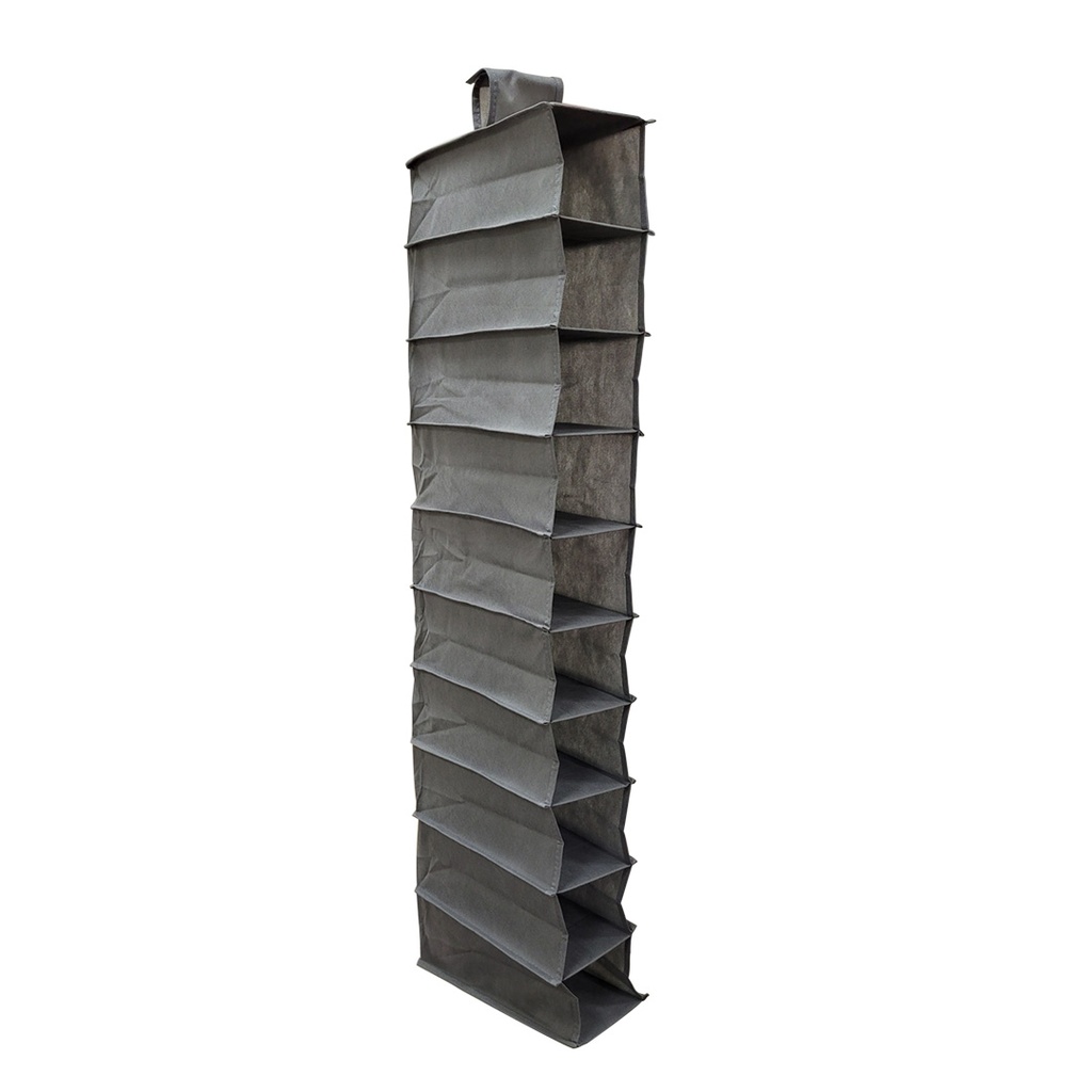 RACK BOTINERO COLGANTE 10 NIVELES 146X30X15CM TELA PVC GRIS
