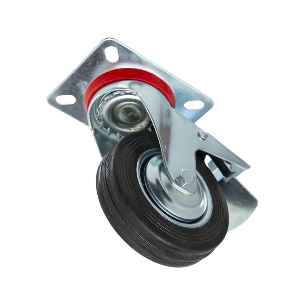 RUEDA CHAPA Y GOMA NEGRA BASE GIRATORIA 125MM CON FRENO