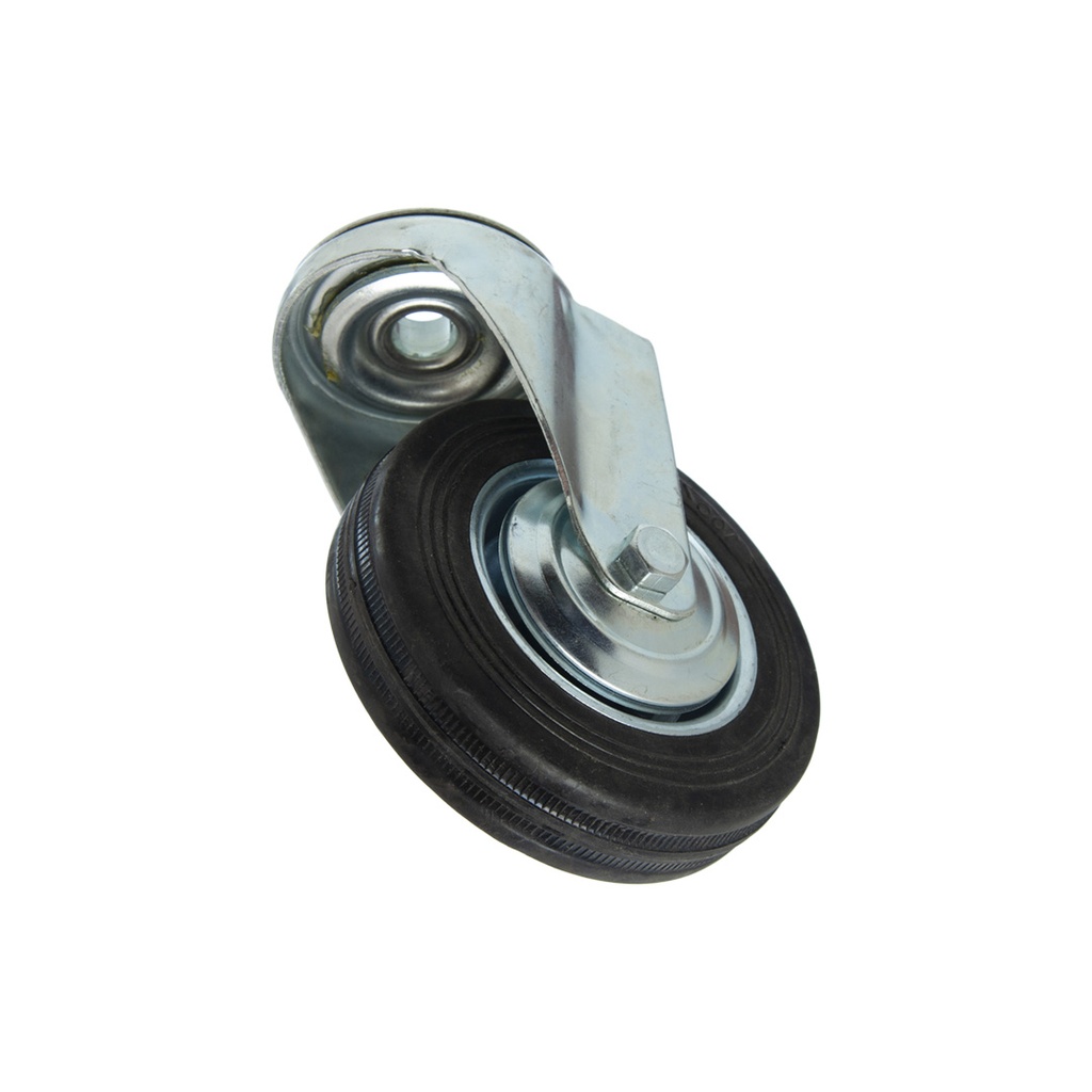 RUEDA CHAPA Y GOMA NEGRA BASE PASANTE GIRATORIA 75MM