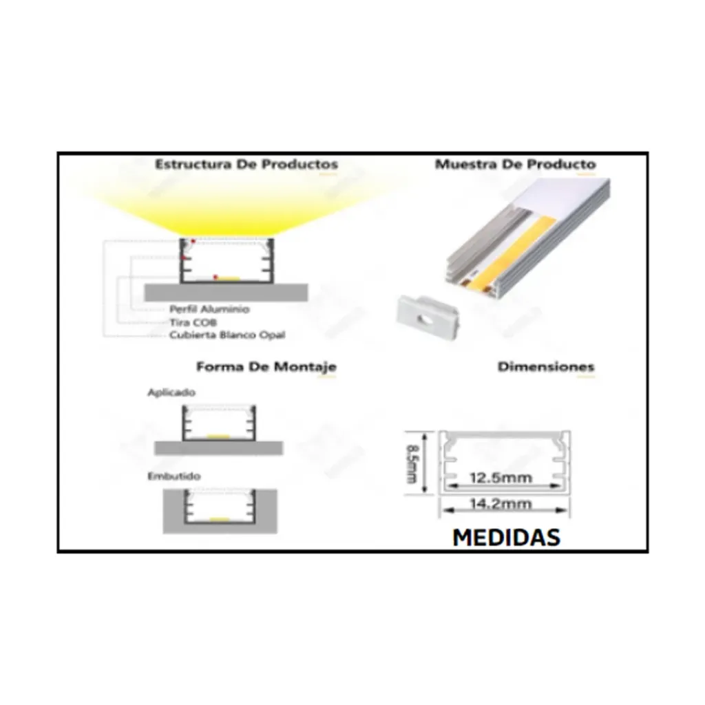 PERFIL LED PARA EMBUTIR O CLIPEAR 2 MTS